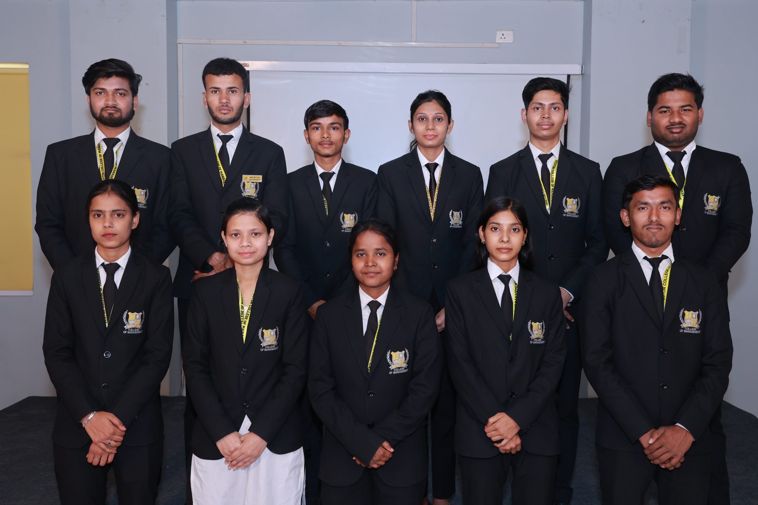 Students of Vestor College of Management in Patna dressed in formal attire during professional training and placement preparation session for BBA and BCA programs.