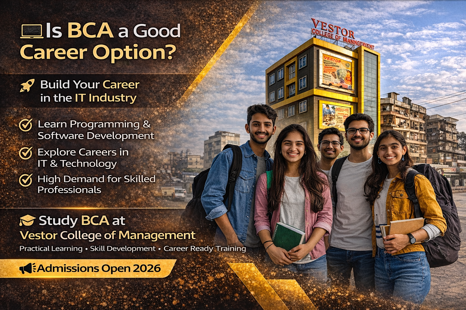 Students promoting BCA admission and IT career opportunities at Vestor College of Management Patna with campus building in background.