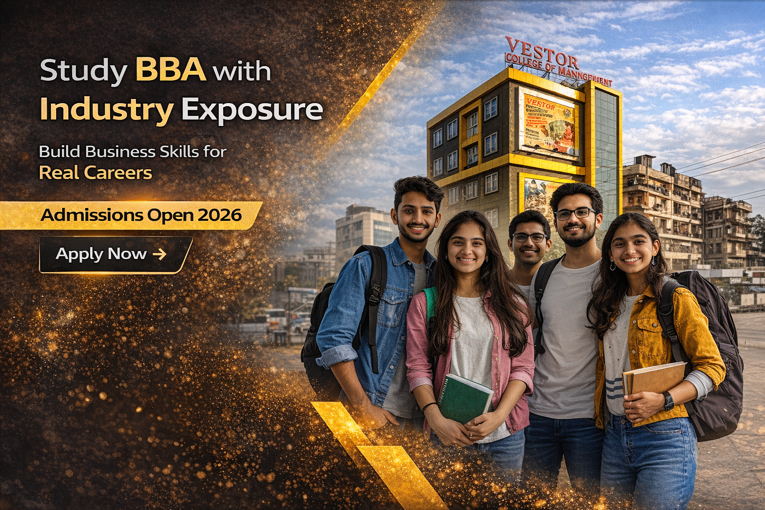 Study BBA with industry exposure at Vestor College of Management Patna – students standing in front of the college campus promoting admissions open 2026.